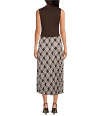 Skies Are Blue Petite Size Plaid Mixed Media High Neck Sleeveless Midi Dress