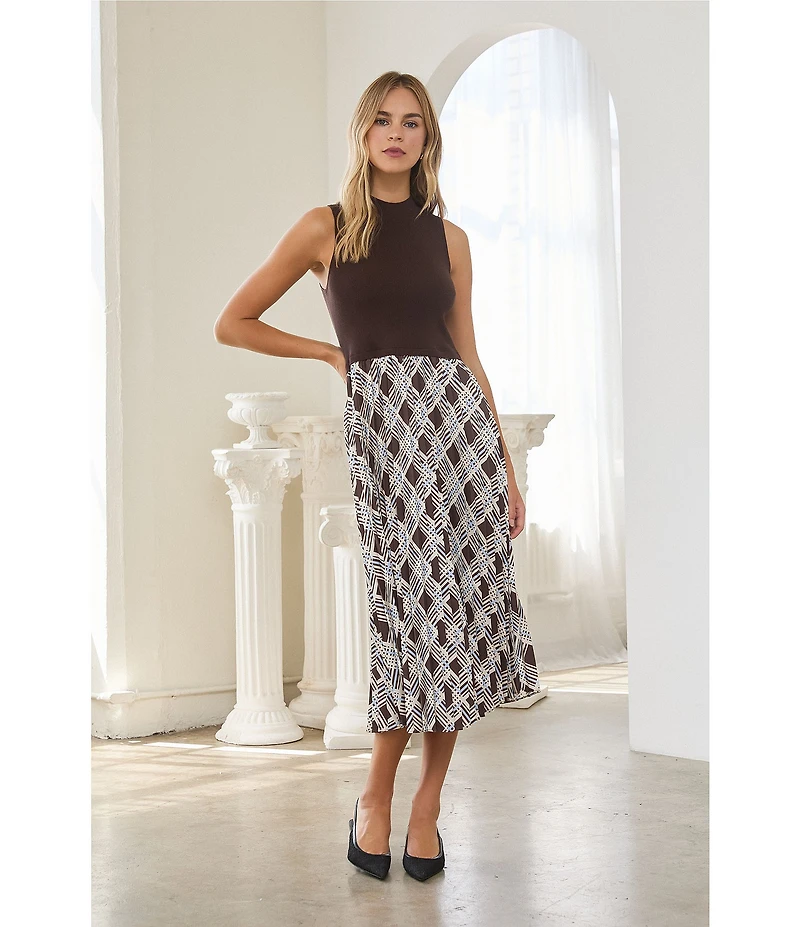Skies Are Blue Petite Size Plaid Mixed Media High Neck Sleeveless Midi Dress