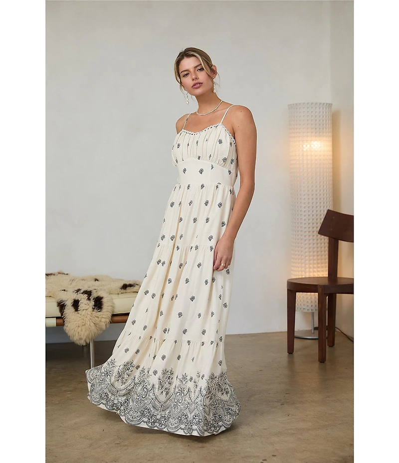 Skies Are Blue Petite Size Printed Sweetheart Neck Sleeveless Tiered Maxi Dress