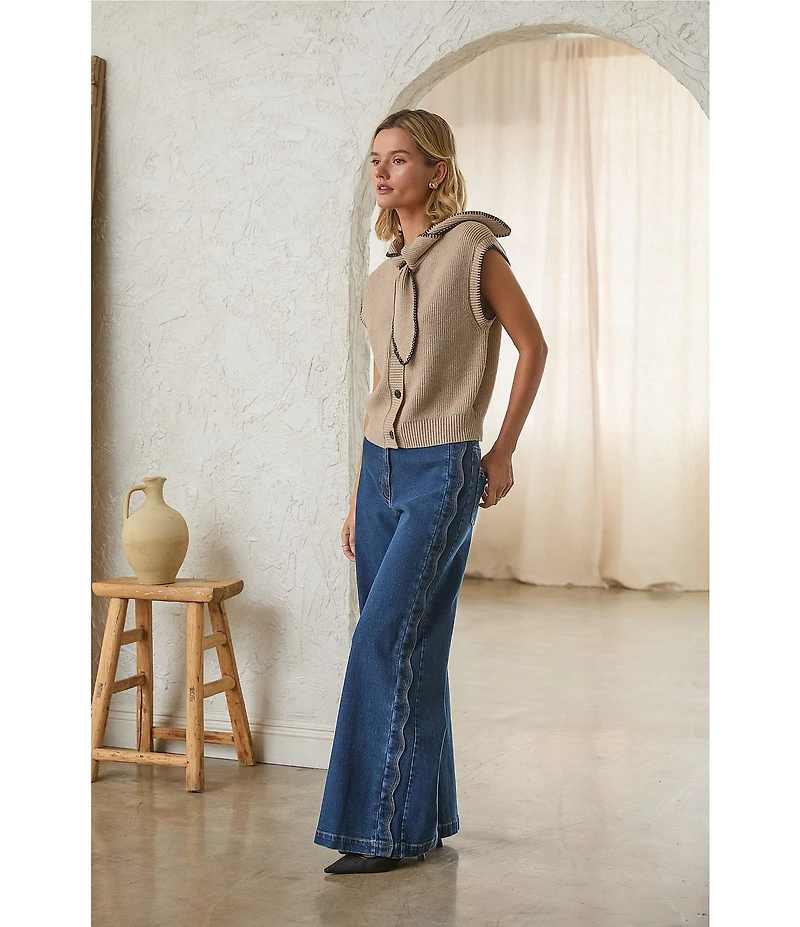 Skies Are Blue Petite Size Scarf Neck-Tie Cap Sleeves Sweater Knit Top
