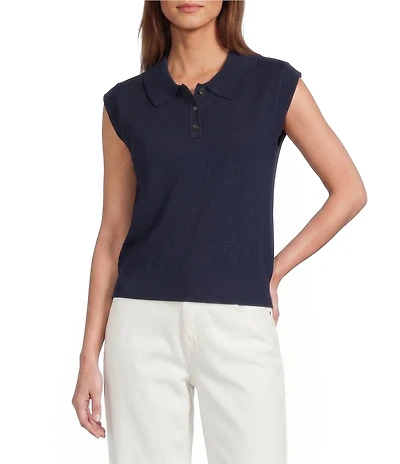 Skies Are Blue Petite Size Sleeveless Knit Polo Collared Top