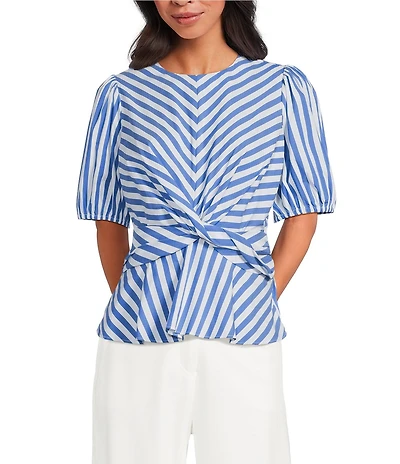 Skies Are Blue Petite Size Stripe Print Crew Neck Short Sleeve Peplum Hem Poplin Top
