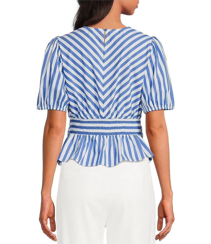 Skies Are Blue Petite Size Stripe Print Crew Neck Short Sleeve Peplum Hem Poplin Top