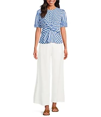 Skies Are Blue Petite Size Stripe Print Crew Neck Short Sleeve Peplum Hem Poplin Top