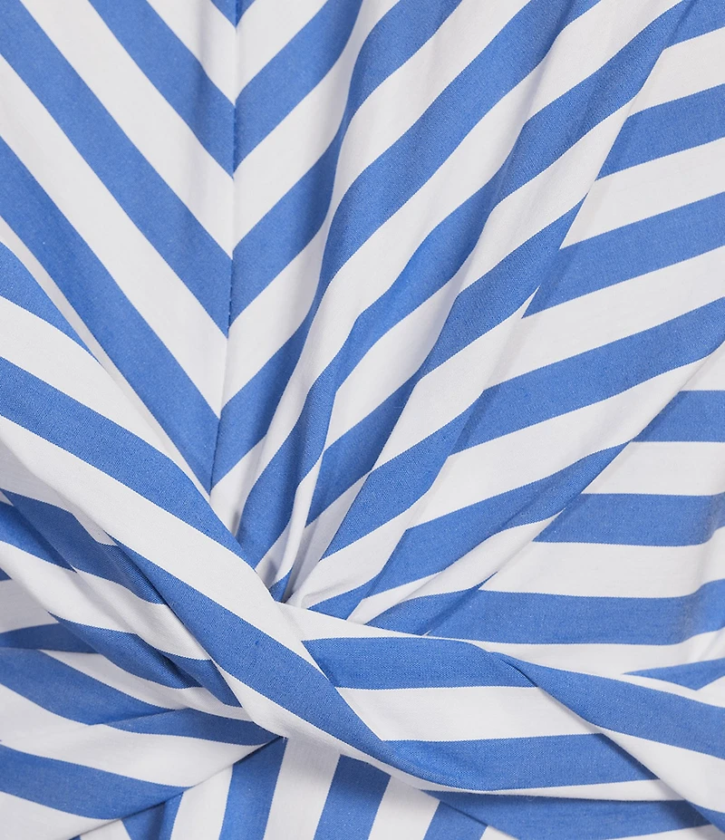 Skies Are Blue Petite Size Stripe Print Crew Neck Short Sleeve Peplum Hem Poplin Top