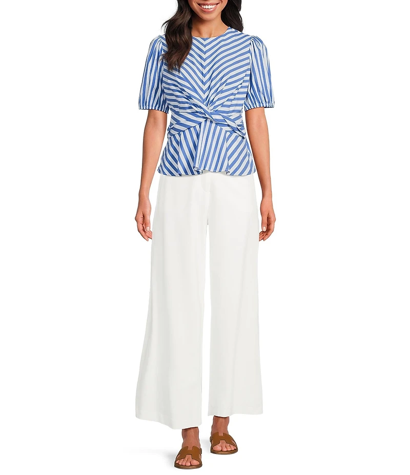 Skies Are Blue Petite Size Stripe Print Crew Neck Short Sleeve Peplum Hem Poplin Top
