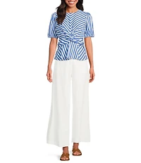 Skies Are Blue Petite Size Stripe Print Crew Neck Short Sleeve Peplum Hem Poplin Top
