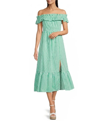 Skies Are Blue Petite Size Stripe Print Off-the-Shoulder Ruffle A-Line Midi Dress