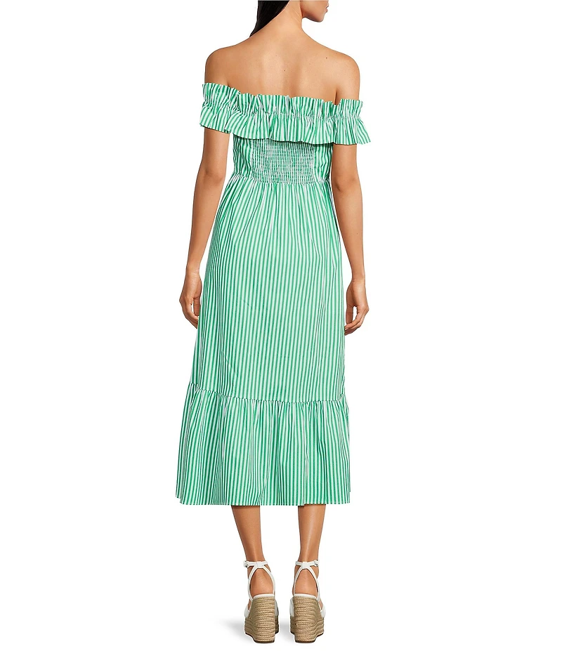 Skies Are Blue Petite Size Stripe Print Off-the-Shoulder Ruffle A-Line Midi Dress