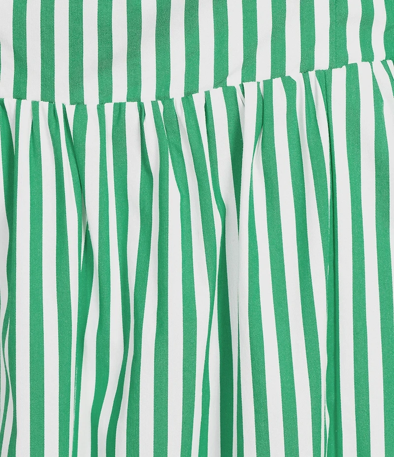 Skies Are Blue Petite Size Stripe Print Off-the-Shoulder Ruffle A-Line Midi Dress