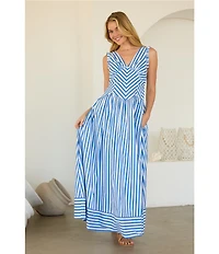 Skies Are Blue Petite Size Stripe Print V-Neck Sleeveless A-Line Maxi Dress