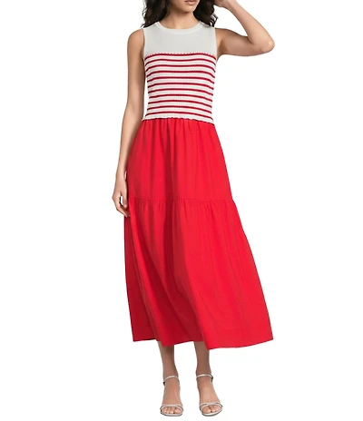 Skies Are Blue Petite Size Striped Crew Neck Sleeveless Tiered Skirt Two-Fer Maxi Dress