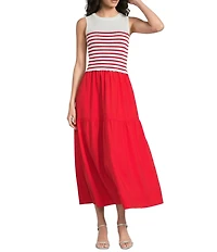 Skies Are Blue Petite Size Striped Crew Neck Sleeveless Tiered Skirt Two-Fer Maxi Dress