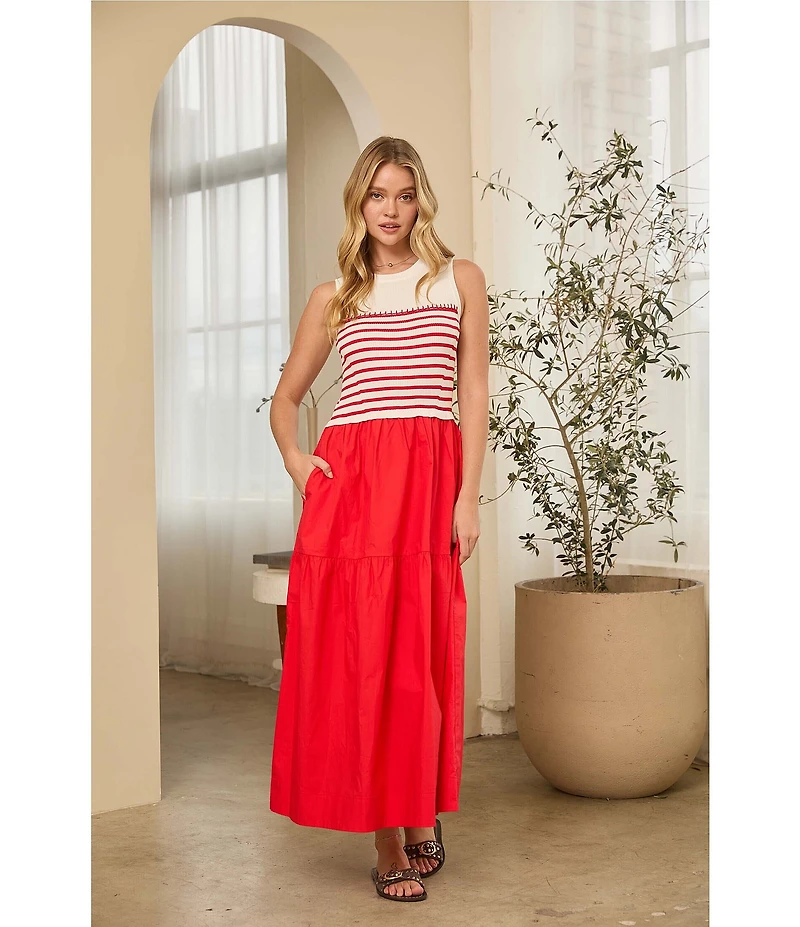 Skies Are Blue Petite Size Striped Crew Neck Sleeveless Tiered Skirt Two-Fer Maxi Dress