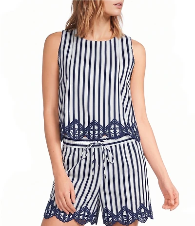 Skies Are Blue Petite Size Striped Print Round Neck Sleeveless Embroidered Scalloped Hem Coordinating Top