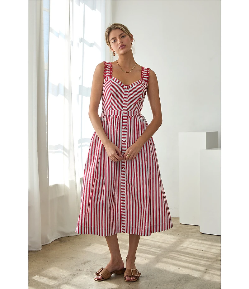 Skies Are Blue Petite Size Striped Sweetheart Neck Sleeveless A-Line Midi Dress