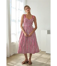 Skies Are Blue Petite Size Striped Sweetheart Neck Sleeveless A-Line Midi Dress