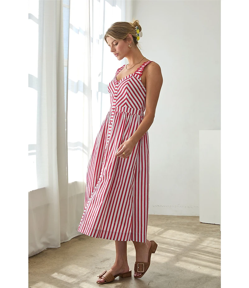 Skies Are Blue Petite Size Striped Sweetheart Neck Sleeveless A-Line Midi Dress