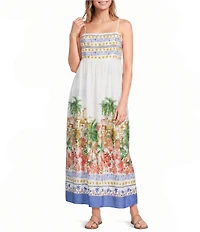 Skies Are Blue Petite Size Tropical Border Printed Square Neck Sleeveless Maxi Dress
