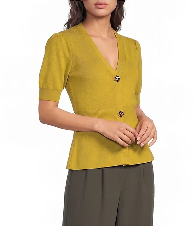 Skies Are Blue Petite Size V-Neck Short Sleeve Ribbed Knit Cardigan Top