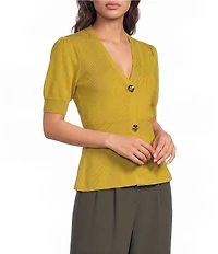 Skies Are Blue Petite Size V-Neck Short Sleeve Ribbed Knit Cardigan Top