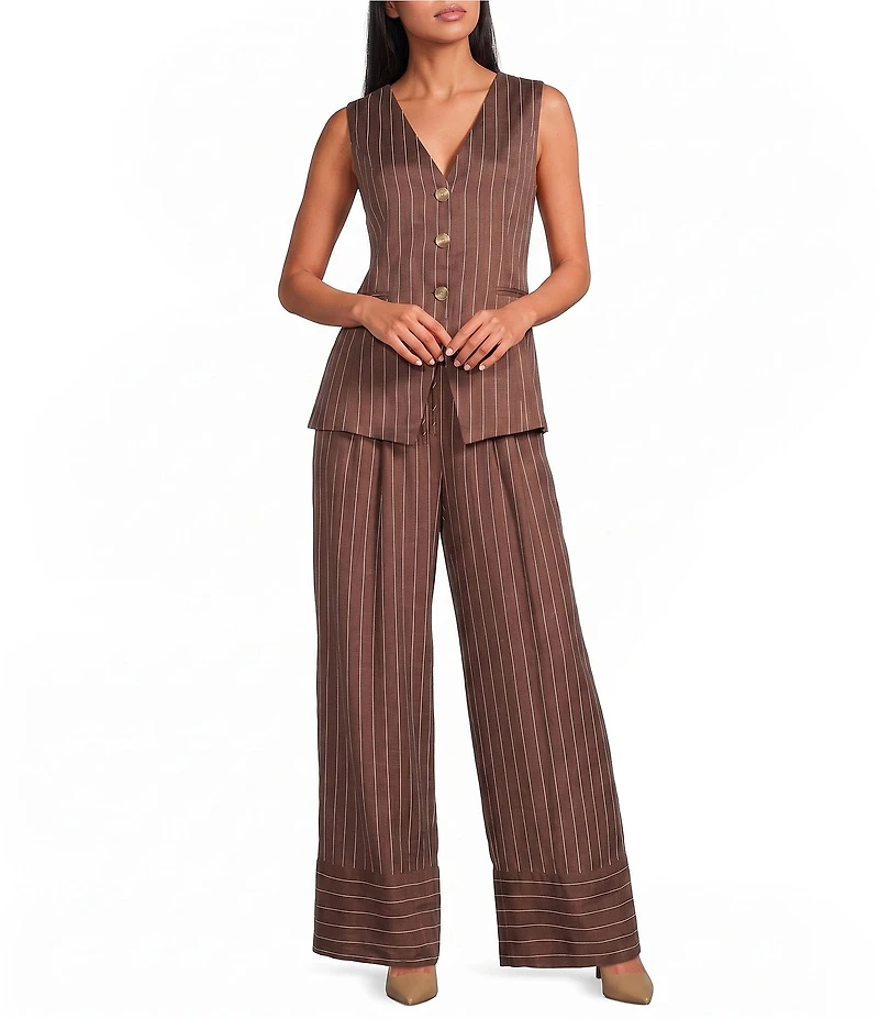 Skies Are Blue Pinstripe Printed Drawstring Waist Wide Leg Coordinating Pants