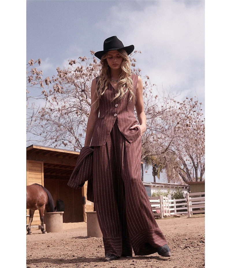 Skies Are Blue Pinstripe Printed Drawstring Waist Wide Leg Coordinating Pants