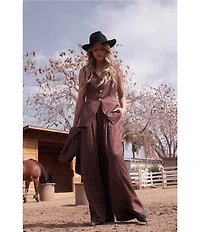 Skies Are Blue Pinstripe Printed Drawstring Waist Wide Leg Coordinating Pants
