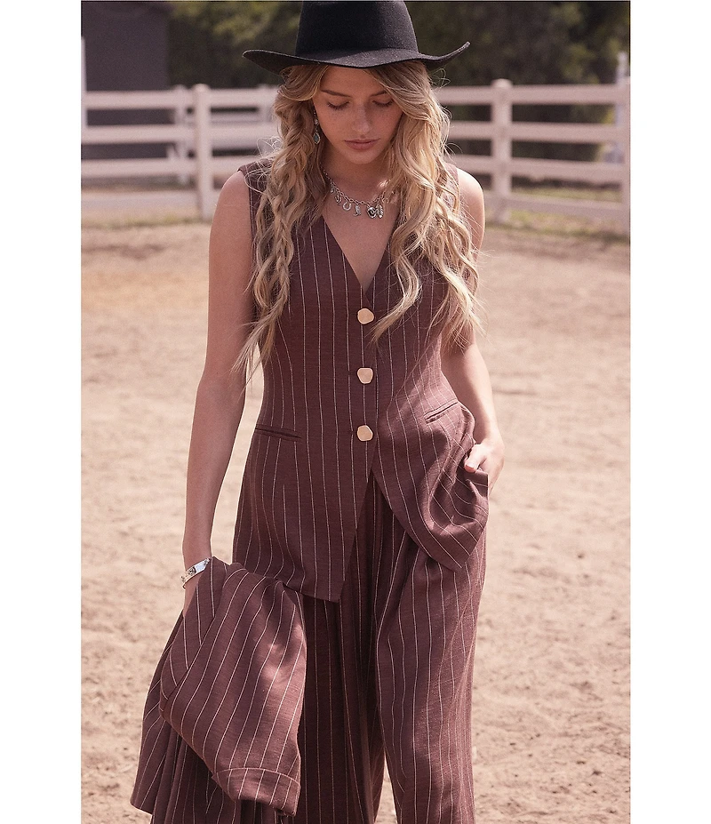 Skies Are Blue Pinstripe Printed Drawstring Waist Wide Leg Coordinating Pants