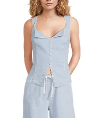 Skies Are Blue Pinstripe Sweetheart Neck Sleeveless Washed Denim Coordinating Vest Top