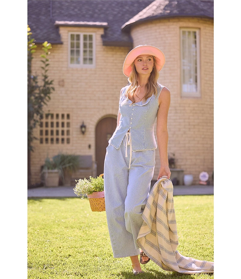 Skies Are Blue Pinstripe Sweetheart Neck Sleeveless Washed Denim Coordinating Vest Top