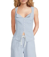 Skies Are Blue Pinstripe Sweetheart Neck Sleeveless Washed Denim Coordinating Vest Top