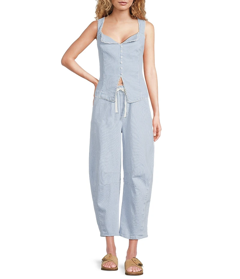 Skies Are Blue Pinstripe Sweetheart Neck Sleeveless Washed Denim Coordinating Vest Top
