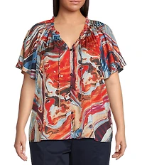 Skies Are Blue Plus Abstract Printed Flutter Sleeve Ruffled Blouse