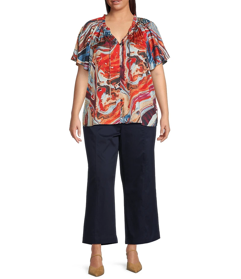 Skies Are Blue Plus Abstract Printed Flutter Sleeve Ruffled Blouse