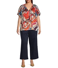 Skies Are Blue Plus Abstract Printed Flutter Sleeve Ruffled Blouse
