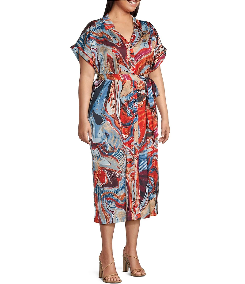 Skies Are Blue Plus Abstract Printed Short Sleeve Shirtdress