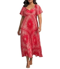 Skies Are Blue Plus Bandana Print V-Neck Short Sleeve Pleated Maxi Dress