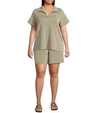 Skies Are Blue Plus Brushed Modal Blend Short Sleeve Half Zip Top
