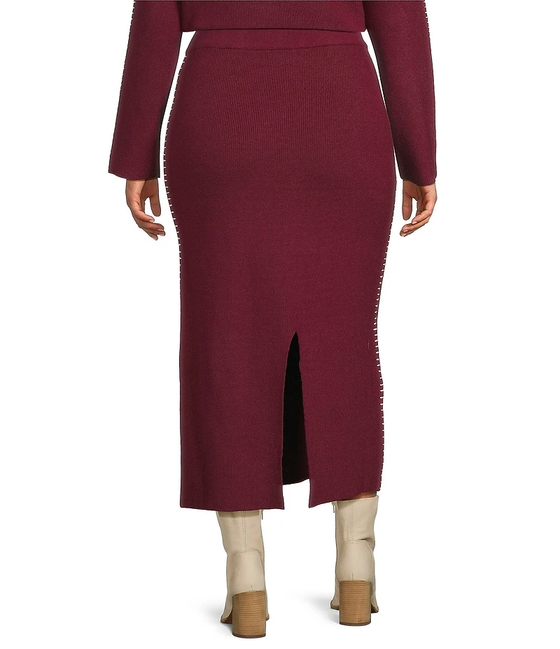 Skies Are Blue Plus Contrast Blanket Stitch Knit Midi Coordinating Skirt