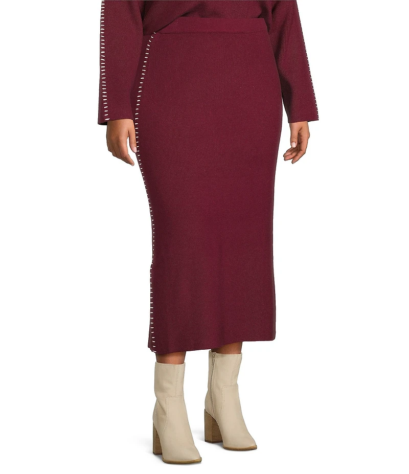 Skies Are Blue Plus Contrast Blanket Stitch Knit Midi Coordinating Skirt