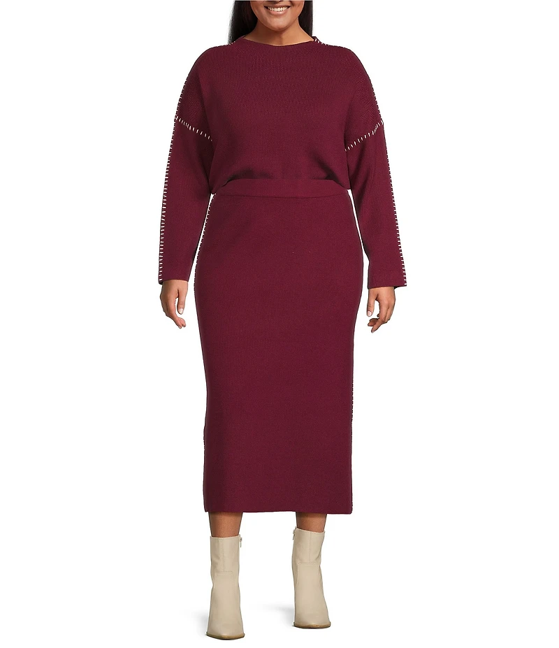 Skies Are Blue Plus Contrast Blanket Stitch Knit Midi Coordinating Skirt