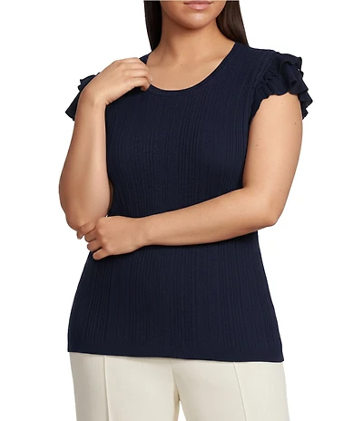 Skies Are Blue Plus Crew Neck Ruffle Cap Sleeve Sweater Knit Top