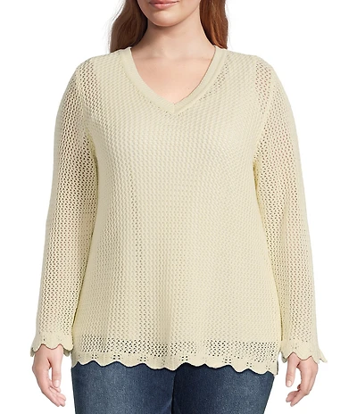Skies Are Blue Plus Crochet Long Sleeve Scalloped Hem Sweater