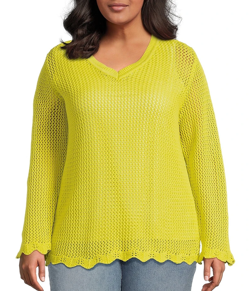 Skies Are Blue Plus Crochet Long Sleeve Scalloped Hem Sweater