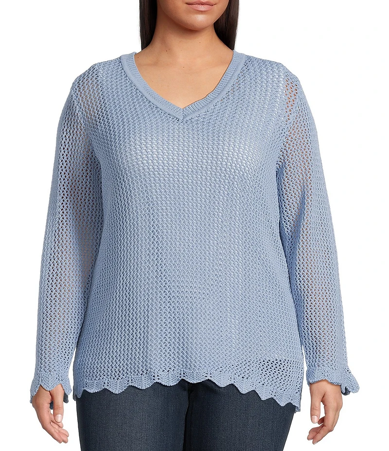 Skies Are Blue Plus Crochet Long Sleeve Scalloped Hem Sweater