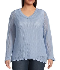 Skies Are Blue Plus Crochet Long Sleeve Scalloped Hem Sweater