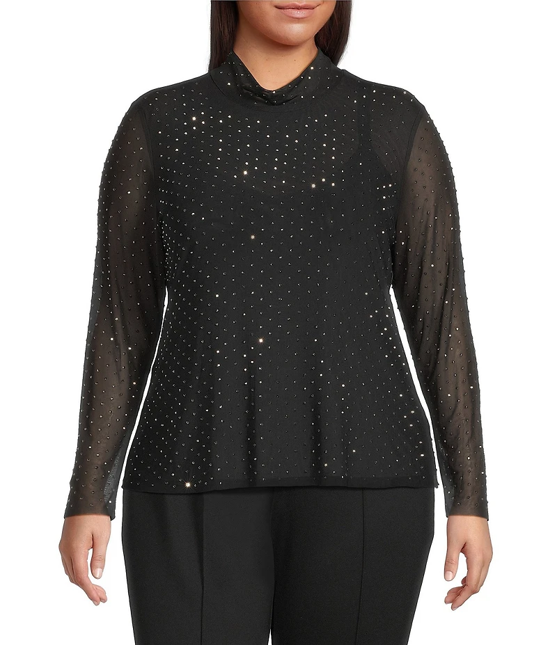 Skies Are Blue Plus Embellished Mock Neck Long Sleeve Mesh Top