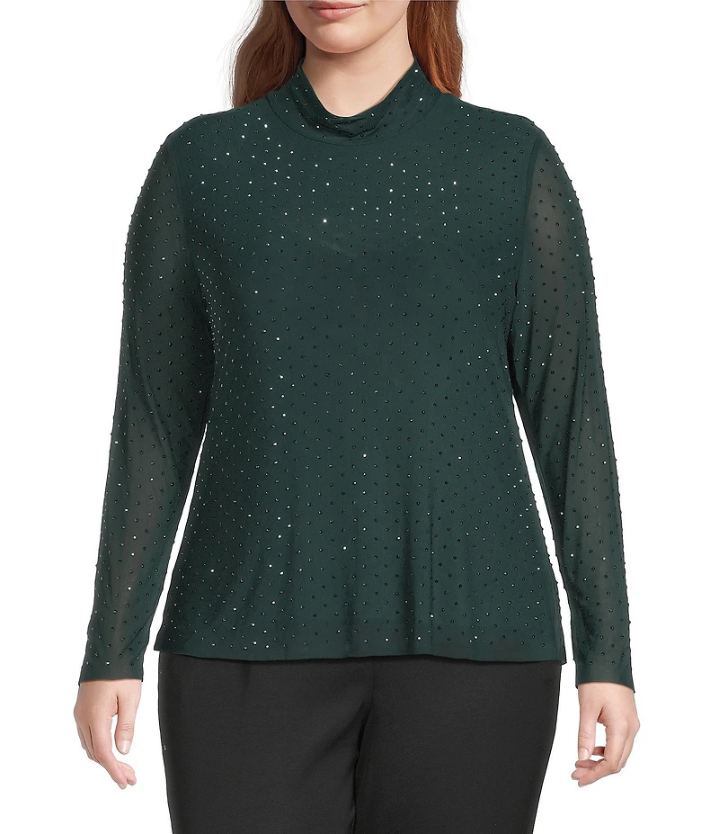 Skies Are Blue Plus Embellished Mock Neck Long Sleeve Mesh Top