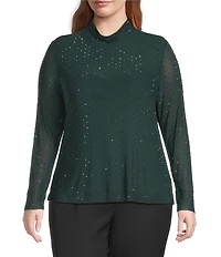 Skies Are Blue Plus Embellished Mock Neck Long Sleeve Mesh Top